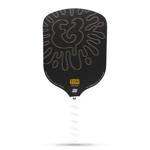 Black pickleball paddle with a unique design on a white background
