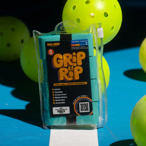 Packaged 'Grip Rip' product with pickleball balls in the background