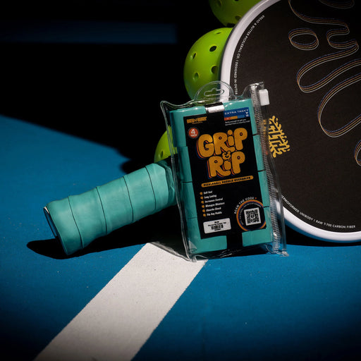 Grip and Rip pickleball paddle grip on a paddle with a blue background