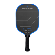 Paddletek pickleball paddle with blue rim on a white background