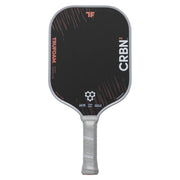 Pickleball paddle with black face and gray handle on a white background