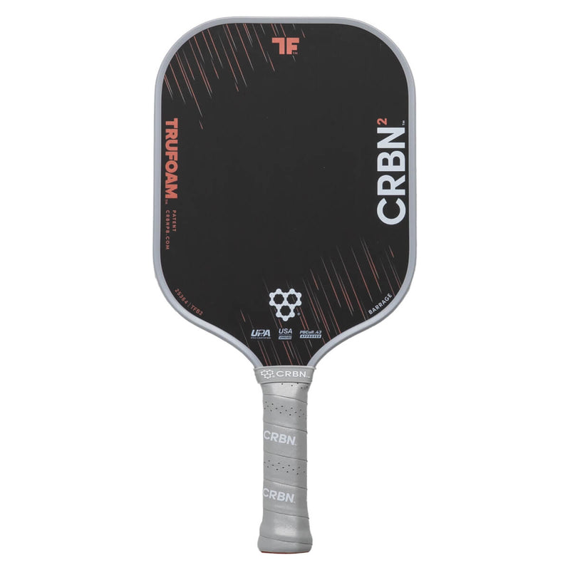 Pickleball paddle with black face and gray handle on a white background