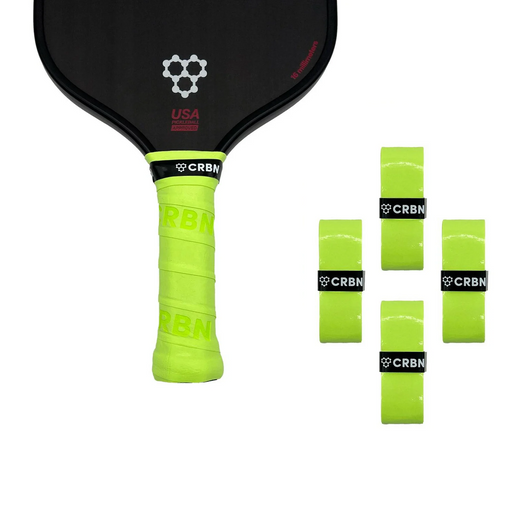 Pickleball paddle with neon green grip and CRBN branding, accompanied by four additional grips on a white background.