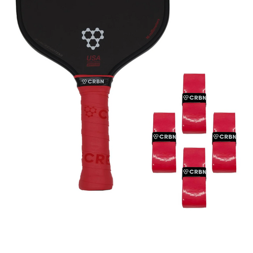 Red pickleball paddle with black handle and CRBN branding, accompanied by four red overgrips on a white background.