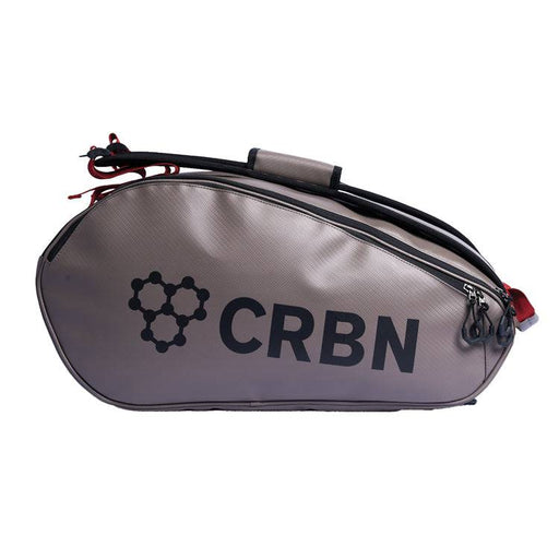 Gray racket bag with 'CRBN' branding on a white background