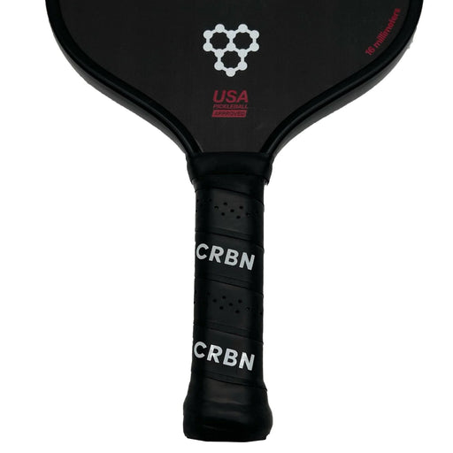 Black pickleball paddle with branding on a white background