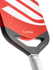Close-up of a red and gray Luxx paddle with white accents on a white background