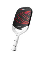 Pickleball paddle with black and red design on a white background