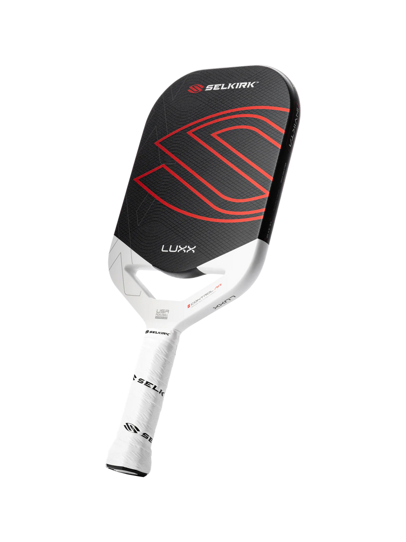 Pickleball paddle with black and red design on a white background