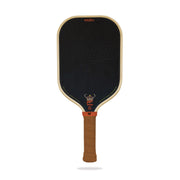 Pickleball paddle with black face and brown handle on a white background