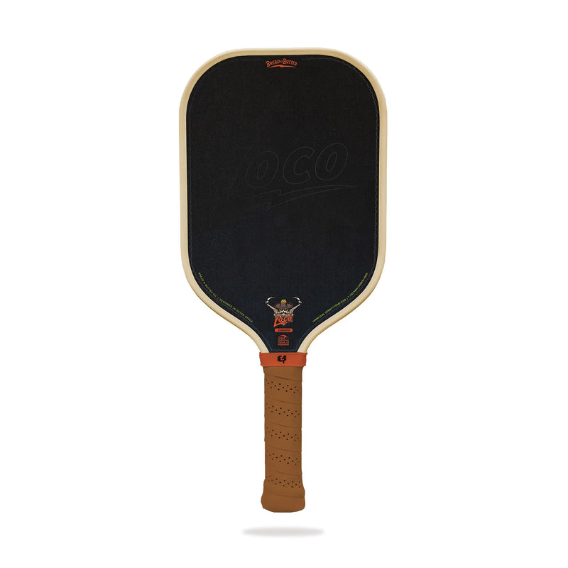 Pickleball paddle with black face and brown handle on a white background