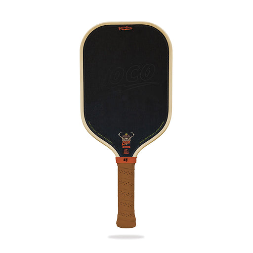 Pickleball paddle with black face and brown handle on a white background