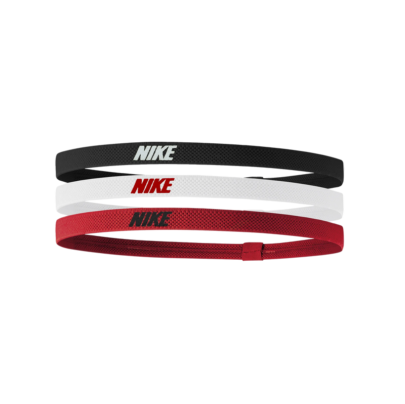 Three Nike headbands in black, white, and red on a white background