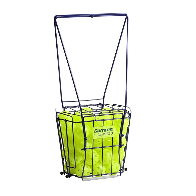 Tennis ball machine with green bag and visible Gamma logo on a white background