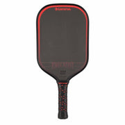 Black pickleball paddle with red accents on a white background