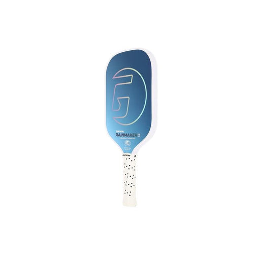 Blue and white paddle with a logo on a white background
