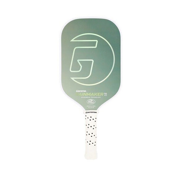 Pickleball paddle with a green face and white handle on a white background