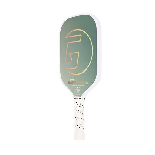 Pickleball paddle with a green face and white handle on a white background