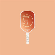 Pickleball paddle with a brand logo on a peach background