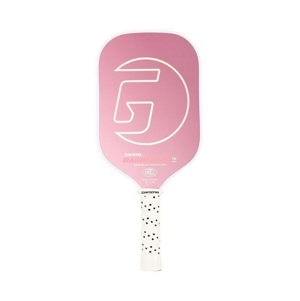 Pink pickleball paddle with a white handle on a white background