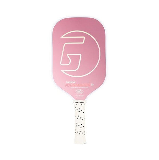 Pink pickleball paddle with a white handle on a white background