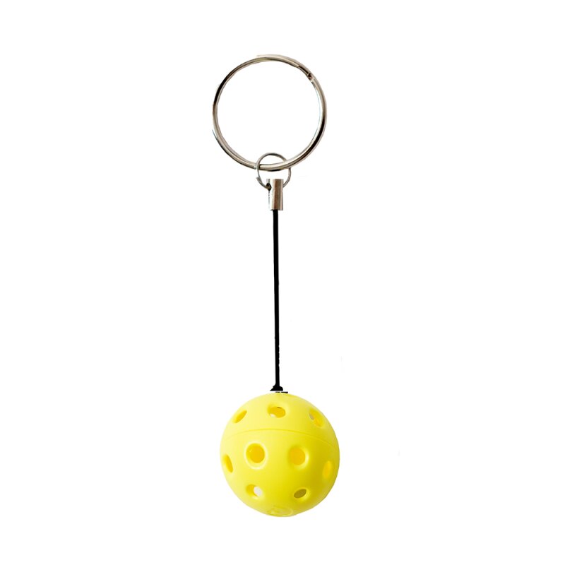 Yellow pickleball keychain with a ring on a white background