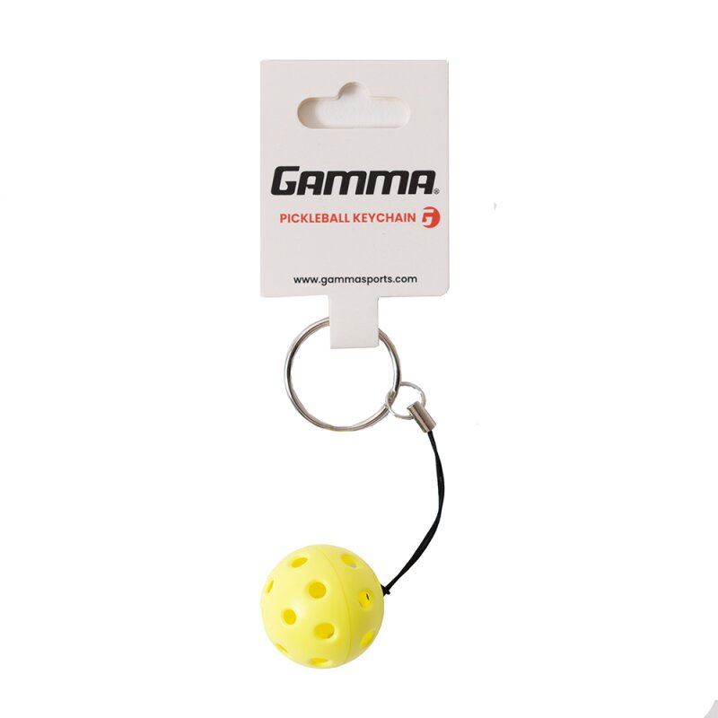 Yellow pickleball keychain on a white background with Gamma Sports packaging.