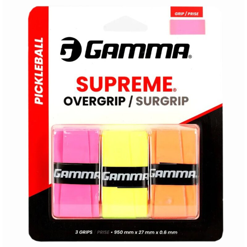 Gamma Supreme pickleball overgrip packaging with three colored grips on a white background.