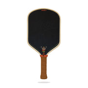 Pickleball paddle with black face and brown handle on a white background