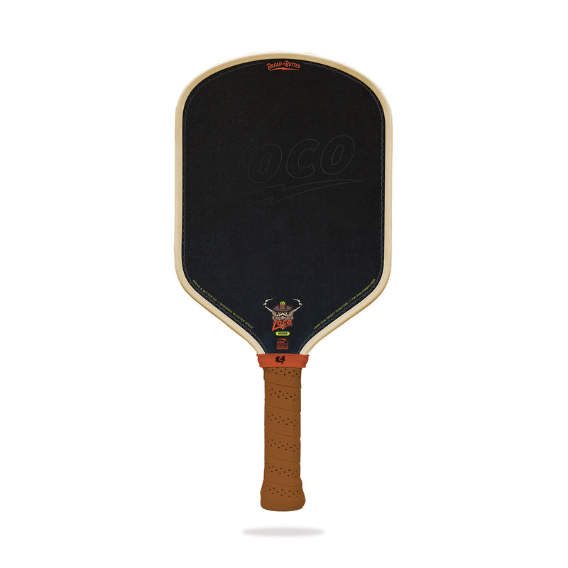 Pickleball paddle with black face and brown handle on a white background