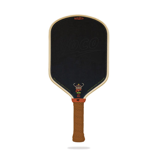 Pickleball paddle with black face and brown handle on a white background