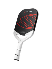 Pickleball paddle with black and red design on a white background