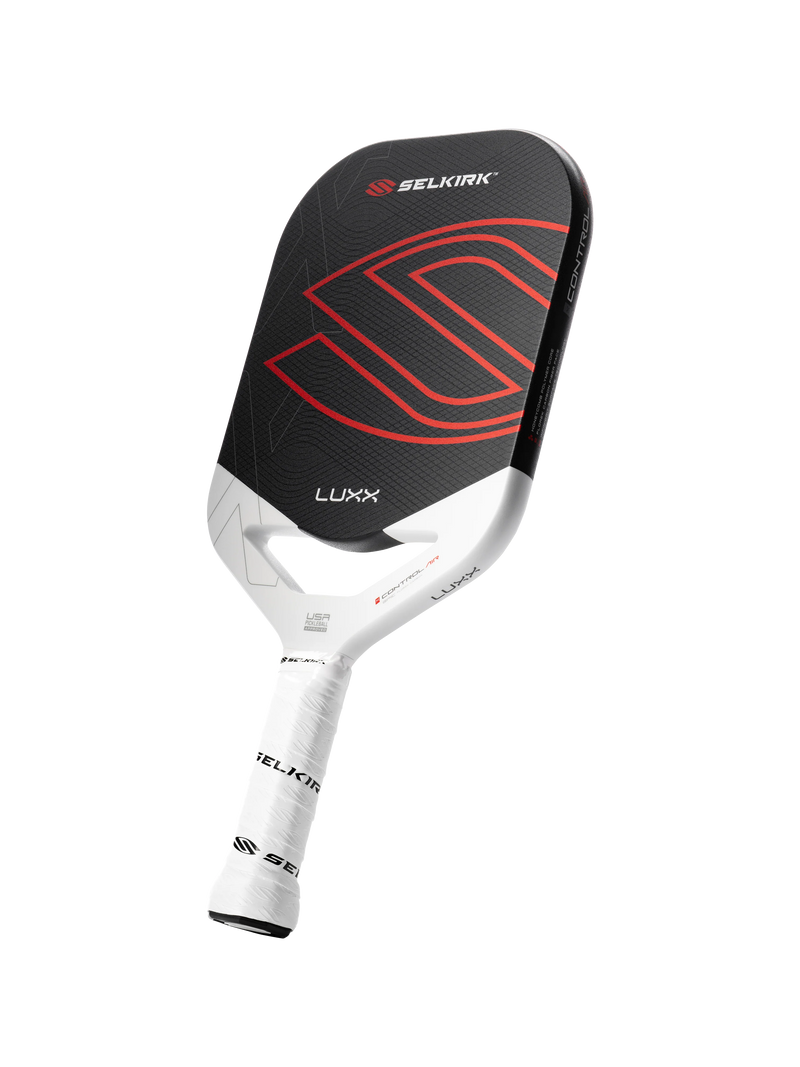 Pickleball paddle with black and red design on a white background