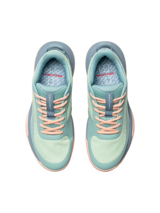 Pair of light blue running shoes with pink laces on a white background