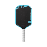 Pickleball paddle with black and blue design on a white background