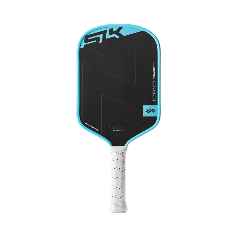 Pickleball paddle with black and blue design on a white background