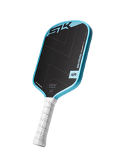 Pickleball paddle with blue and black design on a white background