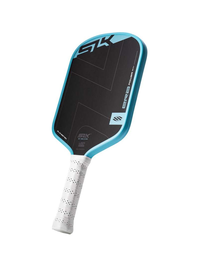 Pickleball paddle with blue and black design on a white background