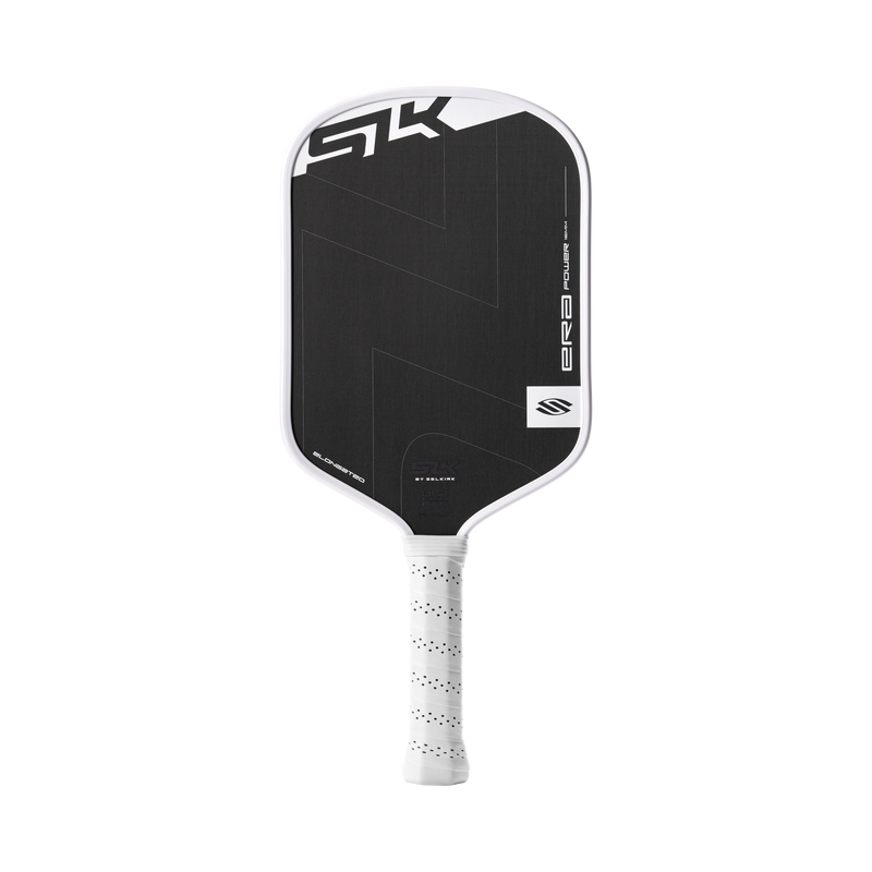 Black and white pickleball paddle with branding on a white background