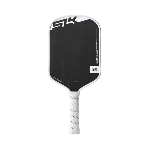 Black and white pickleball paddle with branding on a white background