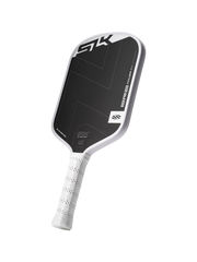 Pickleball paddle with black and white design on a white background