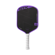 Purple and black pickleball paddle with white handle on a white background