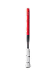 Pickleball paddle with red barrel and white handle on a white background