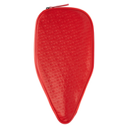 A red teardrop-shaped zippered pouch with an embossed repeating pattern of the brand name 'Selkirk' on a plain white background.