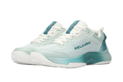 Pair of light blue and white sneakers with 'Selkirk' branding on a white background