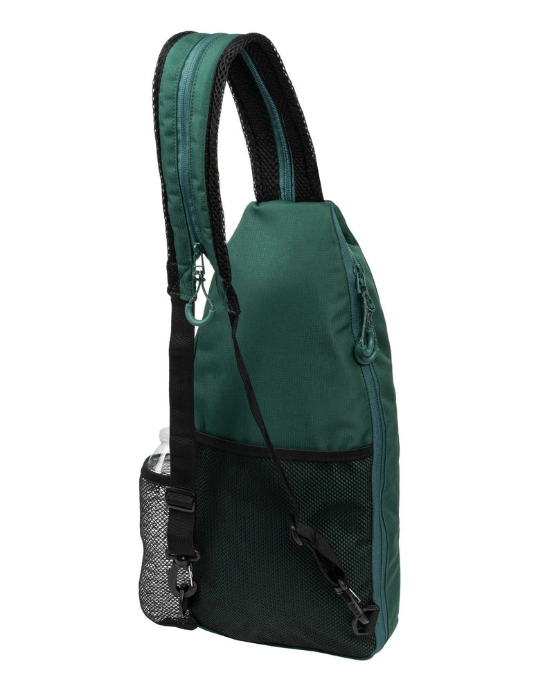 Green sling bag with black straps on a white background