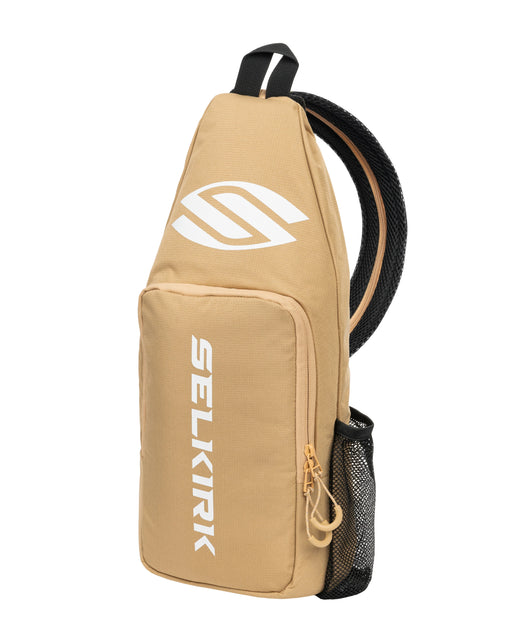 Beige sling bag with Selkirk logo on a white background