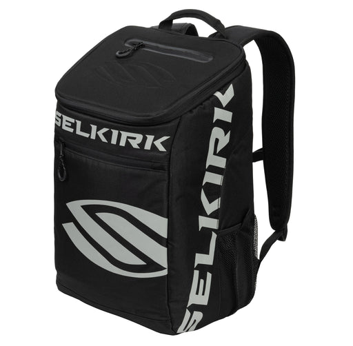 Black backpack with 'Selkirk' branding on a white background