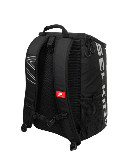 Black backpack with visible branding on a white background