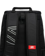 Black backpack with a red logo on a white background